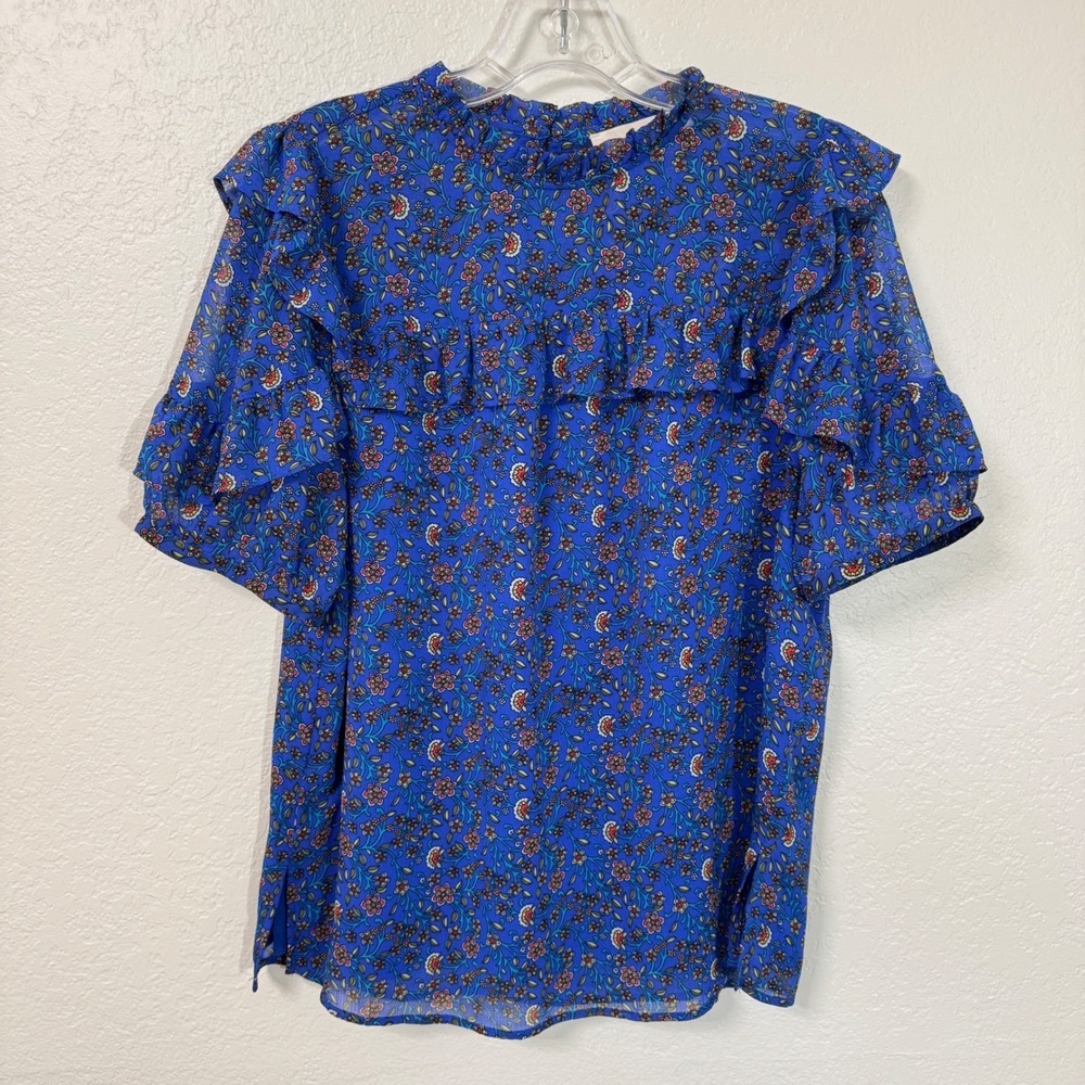 LOFT Blouse Womens Medium Blue Floral Ruffle Mock Neck Short Sleeve Chiffon Top